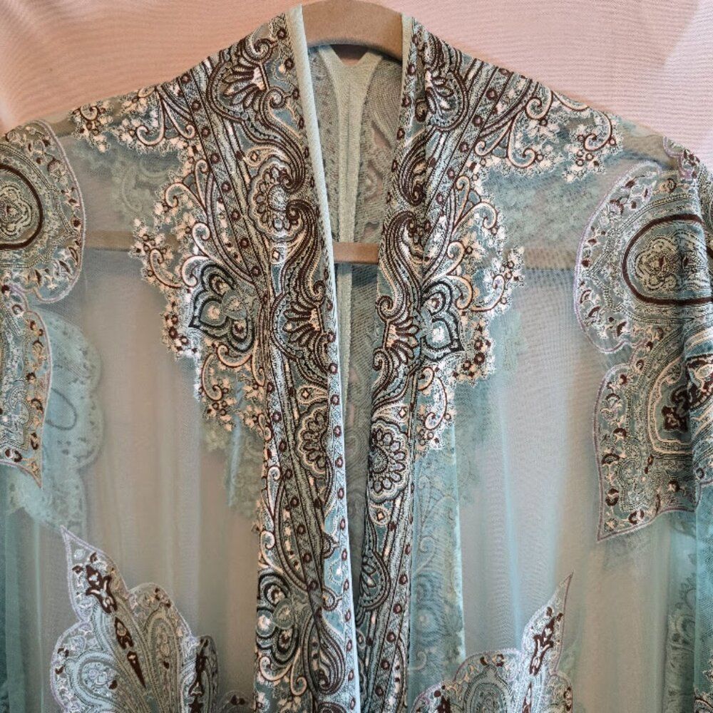 KIMONO SHEER ONE SIZE PAISLEY PRINT TEAL BROWN BURNOUT PATTER FRINGE - Picture 2 of 11
